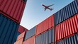 © Generative AI - Airplane flying above stacked shipping containers at port