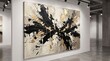 © Rindaman - Contemporary Abstract Black and Gold Painting on Large Canvas Displayed in a Modern Art Gallery with Minimalist Interior Design and Track Lighting