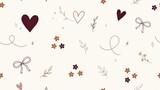 Seamless boho style pattern with hand-drawn hearts, flowers, and botanical leaves on a cream background for romantic textile design
