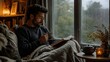 © Anucha - man wrapped in a cozy blanket reads a book and drinks tea by a rainy window in a warm, softly lit room.