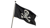 Black fabric pirate flag waving with skull crossbones isolated on transparent background
