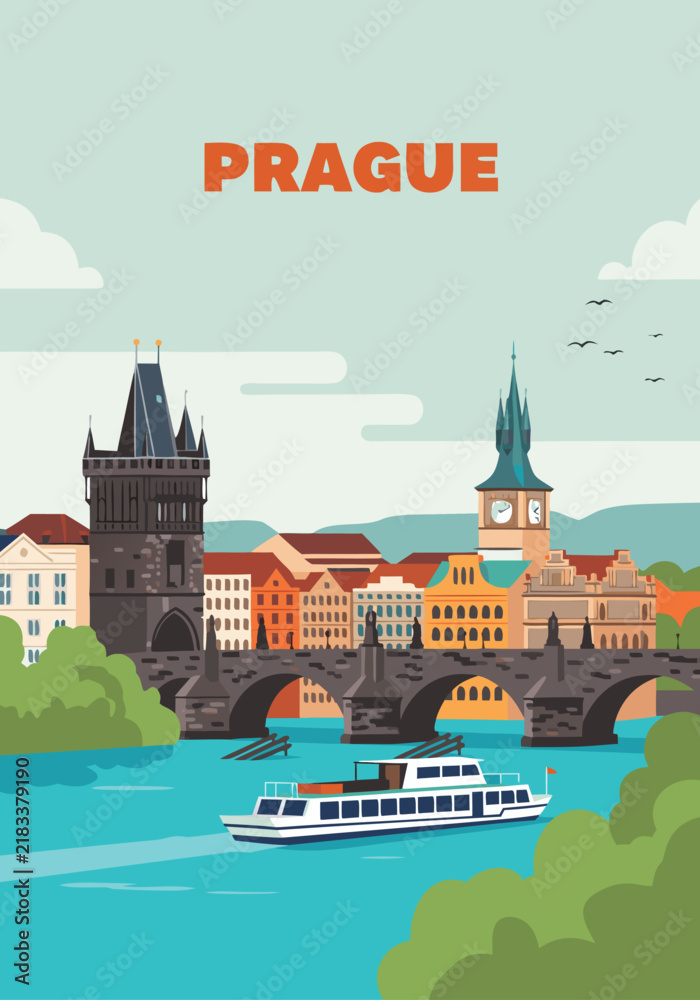 Flat vector illustration of Prague cityscape featuring historic bridge ...