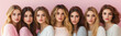 © ExF Designs - Panoramic studio portrait of a group of seven young women posing against a pink background