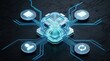 © MDSAIFUL - Central processing unit glowing cyan futuristic microchip connected to various digital data management and user interface system icons on dark board