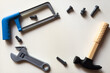© Angelov - wall-mounted tool organizer in a workshop. Row of steel hand tools of various sizes for mechanical and repair work