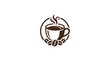 © Anton  Prastiyo - A minimalist vector logo design of a steaming coffee cup inside a circular frame surrounded by coffee beans at the bottom isolated on a white background