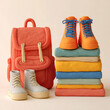 © Iryna - Colorful backpack and stacked clothes with playful footwear in a creative display