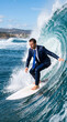 © Inspire Shots Hub - A man in a suit surfs a wave, symbolizing business acumen and navigating challenges with confidence, perfect for corporate or achievement themes