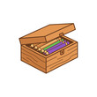 © Muse Vortex - Pencil box made from natural wood contains a collection of sharpened colored pencils resting inside an open container.