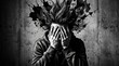 © Men - Distressed person hiding face, head exploding with black ink splatters