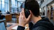 © Wool World - Student wearing wireless headphones for digital study in a modern campus library, focusing on modernized back to school learning with a laptop.