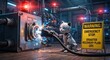 © Julia - Surreal miniature robotic cat pulling the plug from a glowing industrial power outlet, triggering emergency sirens and digital sparks