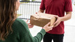 © AucArtStudio - Package delivery at doorstep supports ecommerce customer receiving cardboard parcel. Logistic shipping shipment distribution. courier parcel service, client home order purchase convenience