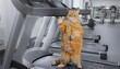 © tanaes - Funny ginger tabby cat standing on hind legs using treadmill machine in fitness gym.