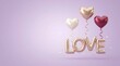 © Sali Lover - Romantic heart balloons and love text on purple background for Valentine's Day