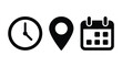 © Mahinur - Time, location and calendar icon set illustration. Minimalist black symbols representing clock, map pin, date, schedule, appointment, navigation, and event planning.