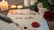 © DesignerArt - Valentine day love letter with red rose flowers and burning candles on wooden table background