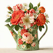 © NiiN - Vintage Floral Watering Can Filled with Colorful Spring Flowers on Wooden Surface, Decorative Gardening Illustration