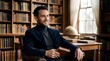 © Dedi - Confident Mature Man Holding Book in Classic Library Study with Wooden Bookshelves for Education and Literature Concepts