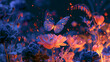© Bila - Butterfly flying over illuminated glowing flowers in a dark magical garden with enchanted forest glowing plants night garden butterfly bioluminescence wildlife