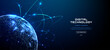 © AntonKhrupinArt - Digital world globe with glowing network connections, orbital lines and illuminated dots positioned left on dark blue background with copy space. Futuristic global communication concept. Vector