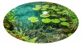 White water lily and green pads floating on clear turquoise pond water, isolated on white background