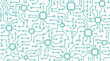 © Tapos - Seamless tileable teal circuit board pattern with microchip squares, connected nodes and electronic lines on clean white background, modern flat vector technology texture for digital backgrounds