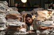 © ajan - Stressed office worker man overwhelmed by massive piles of paperwork and documents