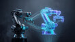 © YourStock - Industrial robotic arm projecting a holographic digital twin in a dark studio with blue and purple glowing light for smart manufacturing and industry 4.0 concepts