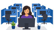 © Ingrid - Professional female customer service representative wearing headset at computer workstation in modern call center office with rows of identical blue cubicles and workstations