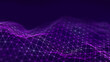 © Alina - Abstract purple digital landscape made of connected dots and lines forming a glowing polygonal wave on a dark background. Futuristic technology backdrop suitable for data flow, communication, network