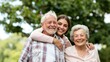 © Olya Pilipchik  - Granddaughter embracing grandparents, smiling and enjoying togetherness outdoors, representing family love, aging with joy, and intergenerational bonding