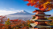 © thiago - Iconic Mount Fuji and a vibrant red pagoda, framed by fiery autumn maple leaves, a stunning Japanese landscape.