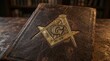 © BrilliantPixels - Close up of an old Masonic book with a gold embossed compass and square symbol.