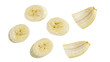 © Oisin - Isolated fresh peeled banana slices and split pieces arranged, healthy tropical fruit snack.