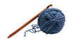 © Lucas - Isolated wooden crochet hook and a beautiful ball of chunky blue yarn for handicraft.