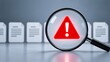 © AI Image Studio - Magnifying glass revealing a glowing red warning sign among multiple paper documents, symbolizing error detection, legal auditing, risk assessment, and finding flaws in contracts.