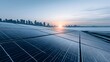 © Tanvir - Solar panels at sunset with a city skyline in the background. Represents clean energy solutions for sustainable urban development.