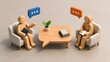 © premium x - Wooden figures sitting in armchairs having a meeting at speech bubble table representing interview and business consultation