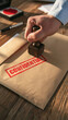 © pattozher - Confidential Document Stamp: A hand applies a red CONFIDENTIAL stamp to a manila envelope, signifying secrecy and sensitive information, perhaps in a law office or corporate setting.