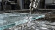 © Qambore - Industrial waterjet cutter precision slicing a thick glass sheet in factory
