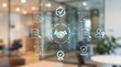 © CuteBee - Holographic interface showing handshake icon surrounded by contract and legal compliance symbols for secure business agreements and digital trust in corporate technology