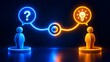 © Idriana - Glowing blue and orange figures connected by central node between question mark and lightbulb representing smart business solution and teamwork