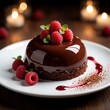 © Viktor - Decadent chocolate cake with fresh raspberries and mint on white plate. Glossy ganache topping surrounds rich moist brownie base. Garnished with red berry coulis, sweet dessert presentation.