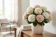 © VectorVille - Artificial hydrangea bush in a modern vase on a wooden table