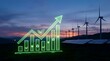 © Abuhumed - Renewable energy growth concept with glowing green financial bar chart and ecological icons over wind turbines and solar panels at sunset, representing sustainable economy and clean technology.