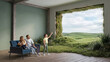 © master1305 - Family sharing smart symbolic home with panoramic opening toward green countryside. Concept of smart home, family connection and digital comfort.