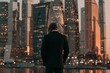 © Lotus Frames - Successful mature businessman in dark suit looking at modern city skyline at dusk