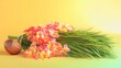 © miliki - Songkran festival decoration with flowers and rice stalks isolated on yellow background