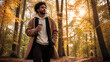 © Milan - Man walking in autumn forest with takeaway coffee cup. Adult male wearing coat and hoodie enjoying stroll in fall woods